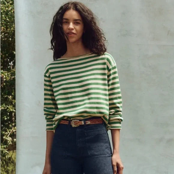 THE GREAT. Green Sailor Stripe Boatneck Top - Picture 1 of 6
